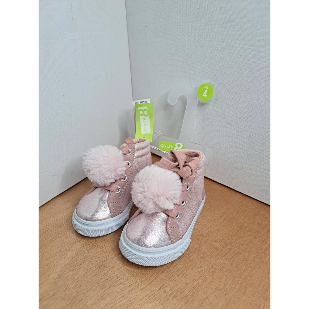 Crazy8 Pink Shimmer Textile High Top Lace Pom Pom Girls' Sneakers Shoes SIZE 4
